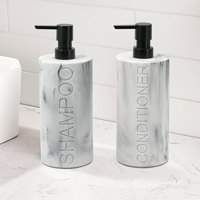 Indecor Home Marble Resin 2 Piece Shampoo and Conditioner Dispenser Set, Luxurious Refillable Pump Bottles with Matte Pump Top and Embossed Text, Durable Design for Bathroom and Shower