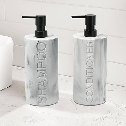 Indecor Home Marble Resin 2 Piece Shampoo and Conditioner Dispenser Set, Luxurious Refillable Pump Bottles with Matte Pump Top and Embossed Text, Durable Design for Bathroom and Shower