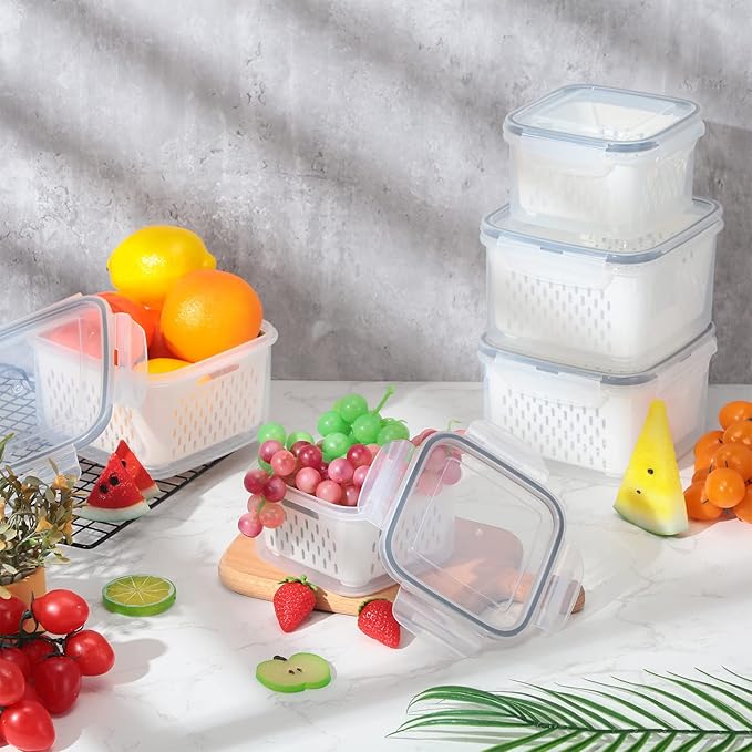 6 Pcs Fruit Storage Containers for Fridge, Food Storage Containers Berry Produce Fridge Organizer with Removable Colander Keep Fruits, Vegetable, Veggie, Meat Fresh Longer(Small, Medium, Large)