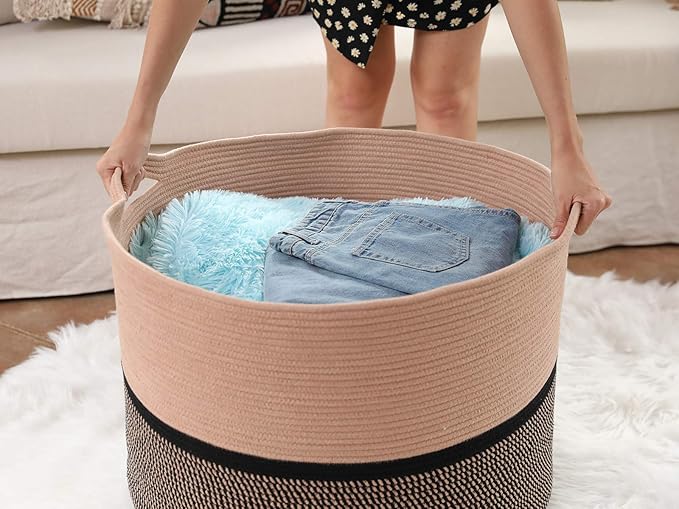 24" x 24" x 17" Max Size Large Cotton Rope Basket, Extra Large Storage Basket, Woven Laundry Hamper, Cloth Storage Bin, for Blankets Clothes Towels Pillows in Living Room, Beige Red/Black Mix