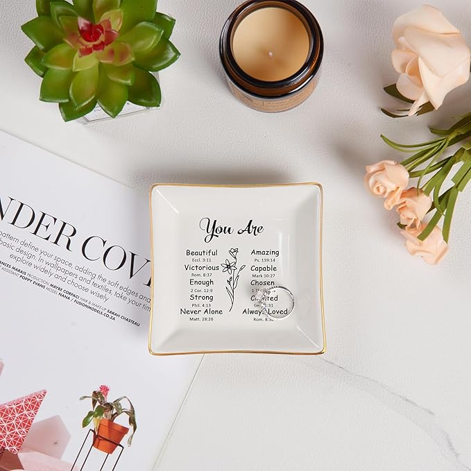 Piudee Christian Gifts for Women Trinket Dish Tray Jewelry Plate, Faith Religious Spiritual Gifts Bible Verse Gifts for Christian Teen Girls Birthday Christmas Inspirational Gift