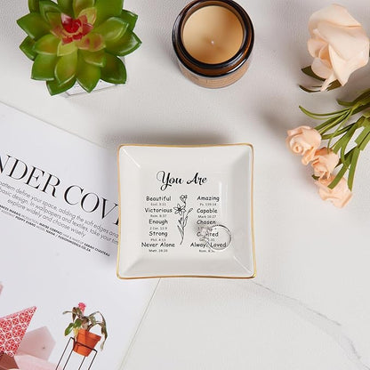 Piudee Christian Gifts for Women Trinket Dish Tray Jewelry Plate, Faith Religious Spiritual Gifts Bible Verse Gifts for Christian Teen Girls Birthday Christmas Inspirational Gift