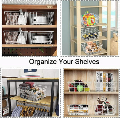 4 Pack White Wire Baskets for Organizing Office Wire Storage Basket White Metal Storage Baskets for Pantry Kitchen Bins Freezer