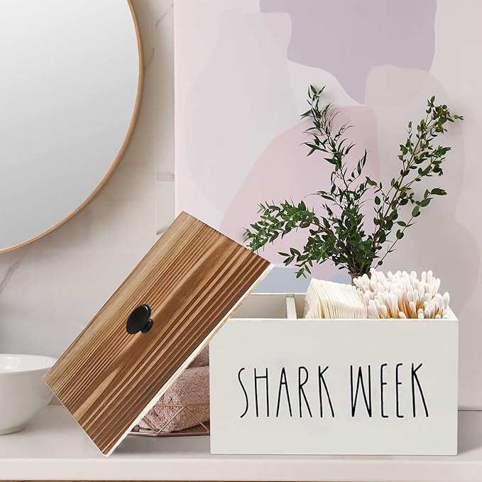 Tampon Holder for Bathroom,Farmhouse Bathroom Organizer,Rustic Wood Bathroom Storage Bin with Lid,Wood Movable Partition Feminine Product Organizer with Lid,Bathroom Accessories Box (Rustic wood)
