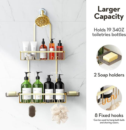 VALORDINE Shower Caddy Hanging, Shower Organizer Hanging, Aluminum Shower Racks for Inside Shower with Hooks for Razor, Never Rust Bathroom Organizers and Storage with Soap Holder, Gold
