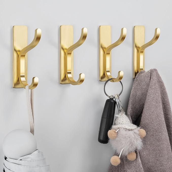 niffgaff Wall Hooks for Coat and Towel: 13lb Adhesive Door Hanger Stick On, Sticky Hook for Wall, Closet, Bathroom - Stainless Steel, Brushed Gold, 10 Pack
