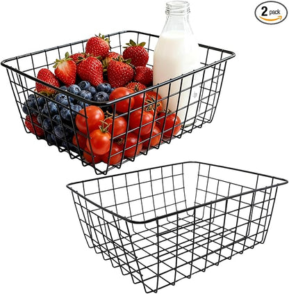 2Pcs Black Wire Kitchen Storage Baskets, Pantry Organization Accessories Basket, Stackable Metal Mesh Organizer with Handles, Multi-Purpose Basket for Fruits Bathroom Kitchen