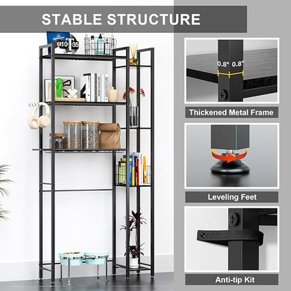 QOOIE Over The Toilet Storage with Wooden Shelves and Side Rack, 7-Tier Black Over Toilet Bathroom Organizer Freestanding Storage Shelf for Toilet Paper, Towels, Toiletries, 31.5" Wide