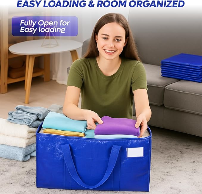 10 Pack Extra Large Moving Bags with Strong Zipper & Handles - Heavy Duty Clothes Storage Tote Bins - Moving Boxes for Space Saving, College Supplies