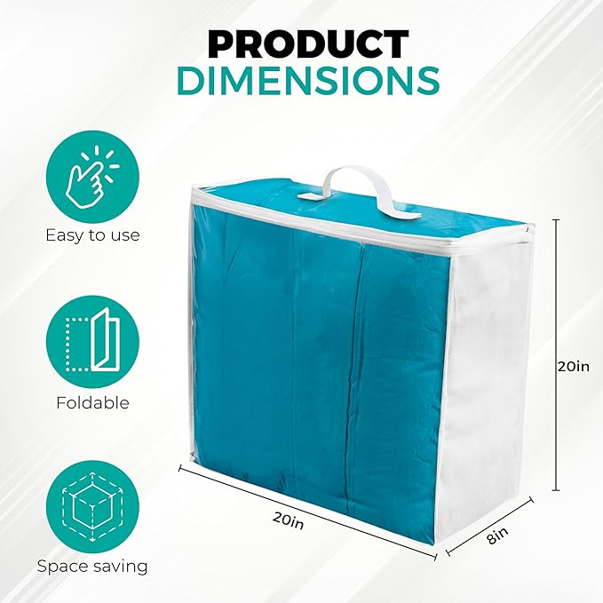 VitalUp 6 pack Clear Plastic Storage Bag with Zipper, Foldable Moving Bag for Comforters, Blankets, Bedding, Storage Containers, Breathable, Durable Clothes and Duvet Closet Organizers, 20x20x8