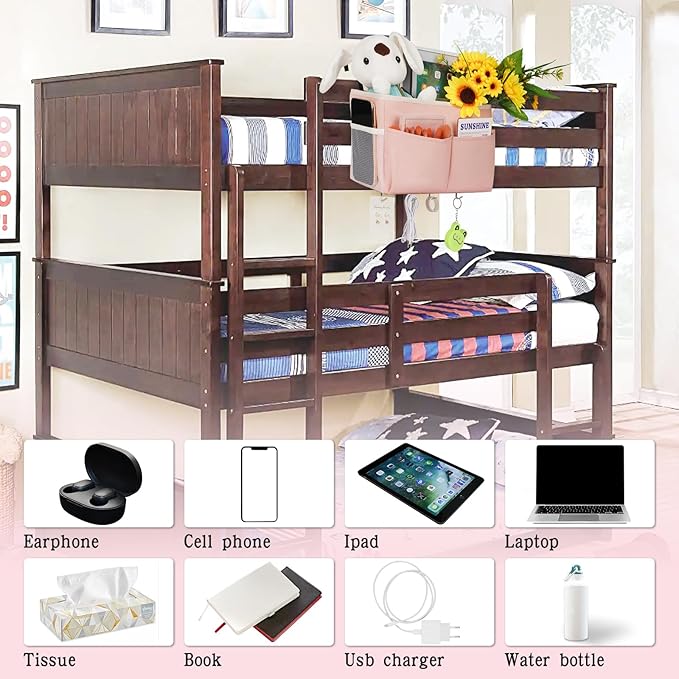 Retyion Bedside Storage Bag with 4 Hooks Multi-Function Hanging Organizer Caddy for Headboards Bunk Bed Hospital Bed (2Pack Pink)
