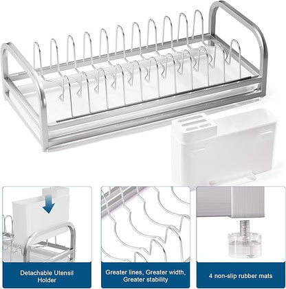 YEYPOP Dish Drying Rack for Small Kitchen Counter, 304 Stainless Steel Small Dish Rack w Utensil Holder & Tray for Limited Space, Rustproof Narrow Dish Rack for Pot & Pan, Plate, Lid (Silvery)