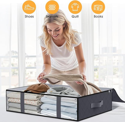 StorageRight Under Bed Storage Bins, 4-Pack 40L Foldable Fabric Storage Bags with Transparent Window, Breathable Organizer for Clothes/Blanket/Comforter/Quilt, Grey