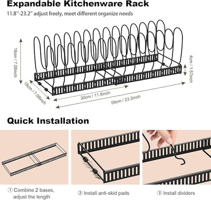 Housolution Pot and Pan Organizer Rack for Cabinet, Expandable Pot Lid Organizer Holder with 14 Adjustable Dividers, Fully Expanded Size 22.83" W x 7.09" D x 7.09" H, Black