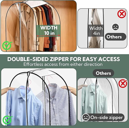 10 Pack Clear Garment Bags for Hanging Clothes 40&50'' Long Clothes Storage Bag with Zippers on Double Sides 10" Gusseted Plastic Clothes Cover for Closet Shirts Coats Dresses Fur Jacket Long Suit