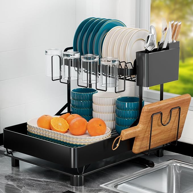 YEYPOP Dish Drying Rack for Kitchen Counter, Stainless Steel 2 Tier Dish Rack w Drainboard, Foldable 360° Rotatable & Expandable Drainer, Space-Saving Dish Strainers for Kitchenware