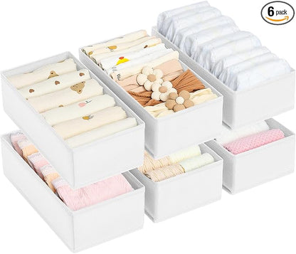 DIMJ Drawer Organizer Clothes - Underwear Organizer Small Sock Organizer Box Dresser Organizer,Drawer Dividers for Baby Clothes,Bra,Socks, Belt, Tie, Set of 6,White