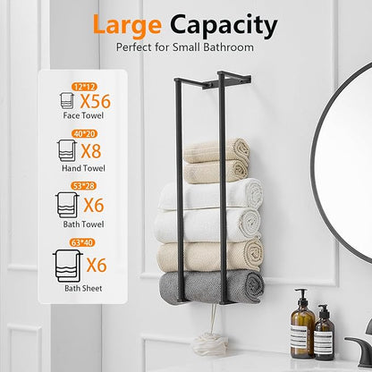 BWE Matte Black Towel Racks for Bathroom, 28" Stainless Steel Bathroom Towel Holder for Rolled Towels, Wall Mounted Towel Storage for Bathroom with 2 Hooks, 6 Large Bath Towels Capacity