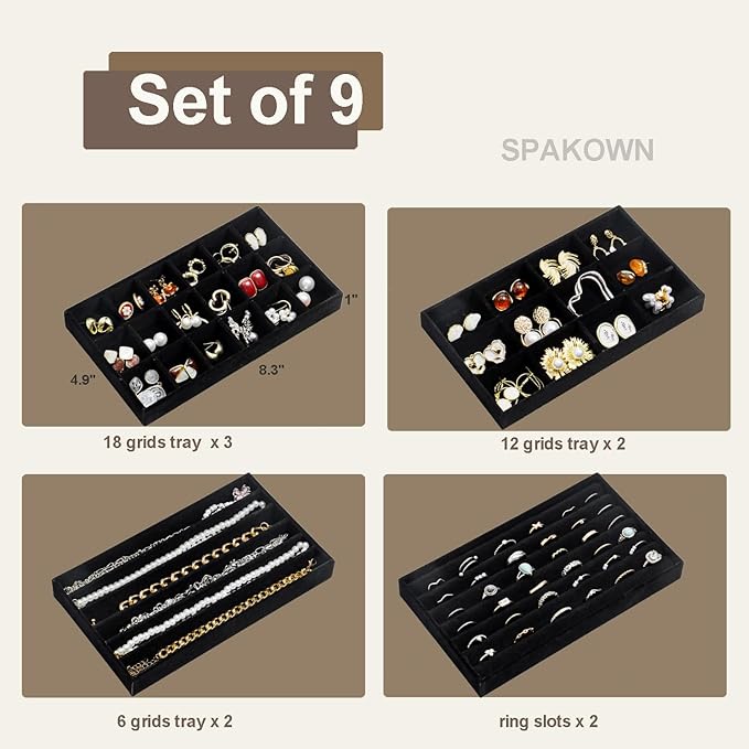 SPAKOWN Jewelry Organizer for Drawer, Adjustable Velvet Jewelry Tray, Stackable Necklace Organizer Earring Holder Organizer Ring Tray Jewelry Storage Display Drawer Inserts Set of 9 (Black)