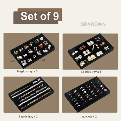 SPAKOWN Jewelry Organizer for Drawer, Adjustable Velvet Jewelry Tray, Stackable Necklace Organizer Earring Holder Organizer Ring Tray Jewelry Storage Display Drawer Inserts Set of 9 (Black)