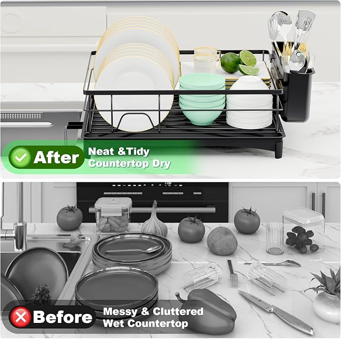 Dish Drying Rack for Kitchen Counter - Rust-Resistant Kitchen Drying Rack with Removeable Cutlery Holder, Dish Drainer Organizer with Utensil Holder for Home Kitchen for Spoons and Forks, Black