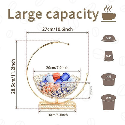 Metal & Crystal Coffee Pod Holder & Candy Basket - Elegant Multipurpose Storage Organizer for K Cups, Espresso Pods, Treats - Kitchen, Office, Home Bar (Gold, 1 PC)