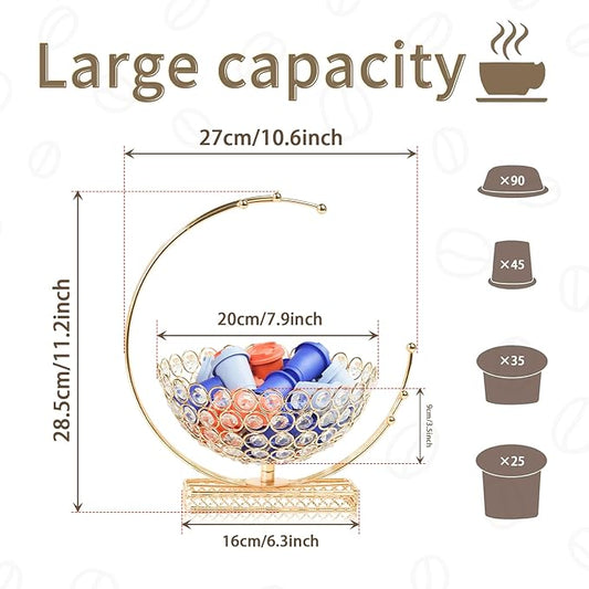 Metal & Crystal Coffee Pod Holder & Candy Basket - Elegant Multipurpose Storage Organizer for K Cups, Espresso Pods, Treats - Kitchen, Office, Home Bar (Gold, 1 PC)