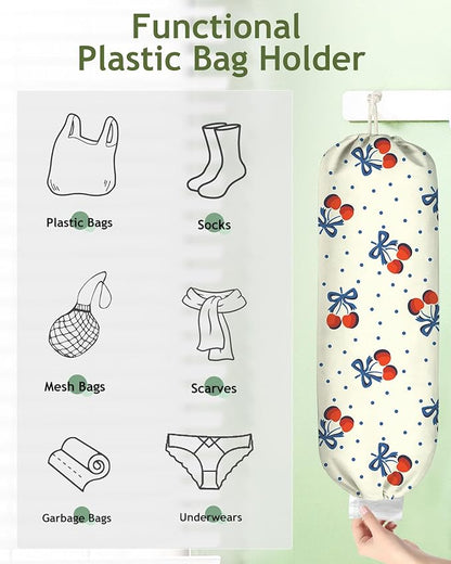 Plastic Bag Holder, Grocery Bag Organizer - 1 Pack Cute Kitchen Dispenser Holders Reusable Shopping Western Hanging Wall with Adjustment Drawstring Closure for Women Home, Cherry