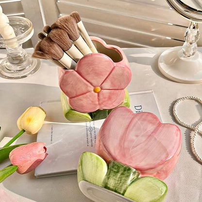 Cute Toothbrush Holder Pen Holder for Desk Pink Vase Decor Aesthetic Pencil Holder for Office Makeup Brush Holder Kawaii Desk Accessories Tulips Home Decor Birthday Gifts for Women
