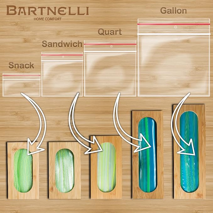 Bartnelli Sandwich bag organizer for Baggie Storage Organization, 5 PC Premium Bamboo Kitchen Drawer Organizer, Bag Holder Dispenser
