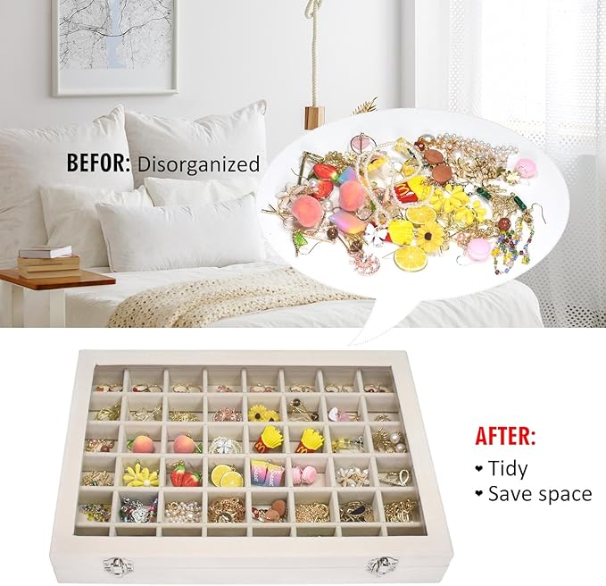Velvet Jewelry Tray 48 Compartments Jewelry Display Organizer with Transparent Cover Rings, Earrings, Necklaces, Pendants Storage Box for Girls, Wives, Mothers, Women