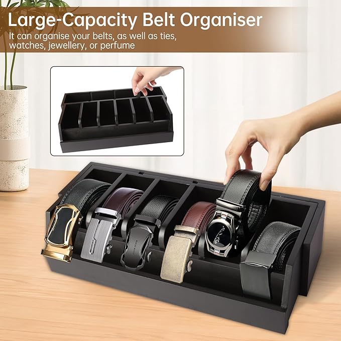 Niciksty Wooden Belt Organizer, 10 Compartments Belt Organizer for Closet and Drawer, Stylish Belt Storage Display Holder for Men Women’s Belts, Ties, and Jewelry, Black