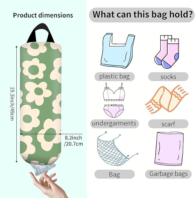 Plastic Bag Holder, Wall Mount Grocery Bag Organizer, Funny Hanging Storage Dispenser for Home Kitchen Cute Green Floral