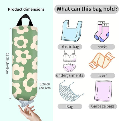 Plastic Bag Holder, Wall Mount Grocery Bag Organizer, Funny Hanging Storage Dispenser for Home Kitchen Cute Green Floral