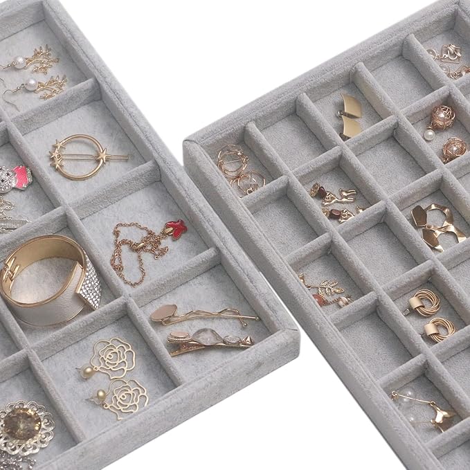 DIOMMELL Set of 5 Stackable Velvet Jewelry Trays Organizer Jewelry Display Showcase Dresser Drawer Organizer Storage Box for Ring Earring Bracelet Necklace Accessary, Grey