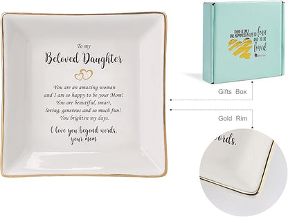 HOME SMILE Gifts for Daughter From Mom Ring Dish Jewelry Tray,Birthday Mother's Day　Gifts for Adult Daughter -I Love You Beyong Words,Your Mom