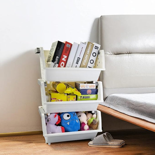 4-Pack Plastic Stackable Storage Basket Organizer, Multi-functional Stacking Basket Bins, White