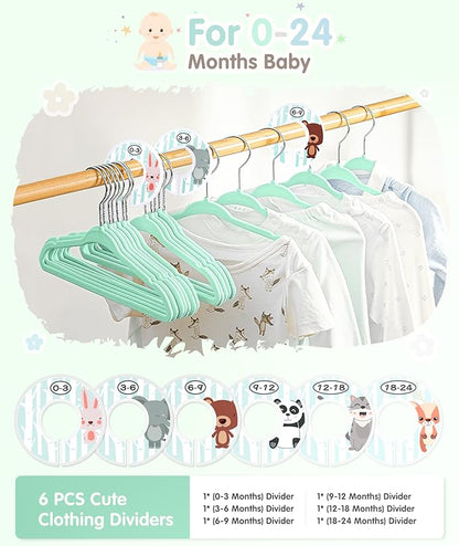 VIS'V Baby Hangers, 11 Inch Velvet Kids Hangers with 6 Pcs Clothes Size Dividers, Infant Toddler Nursery Closet Organization, Non Slip, Mint Green, 30 Pcs