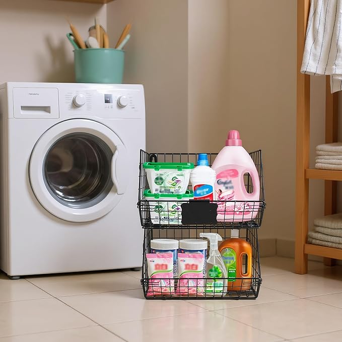2 Pack Laundry Room Organization and Storage Basket,Wire Stackable Hanging Shelves with 2 Hook,Foldable Laundry Room Accessories Organizer,Hanging Closet Organizer for Towels,Detergent,Tissues