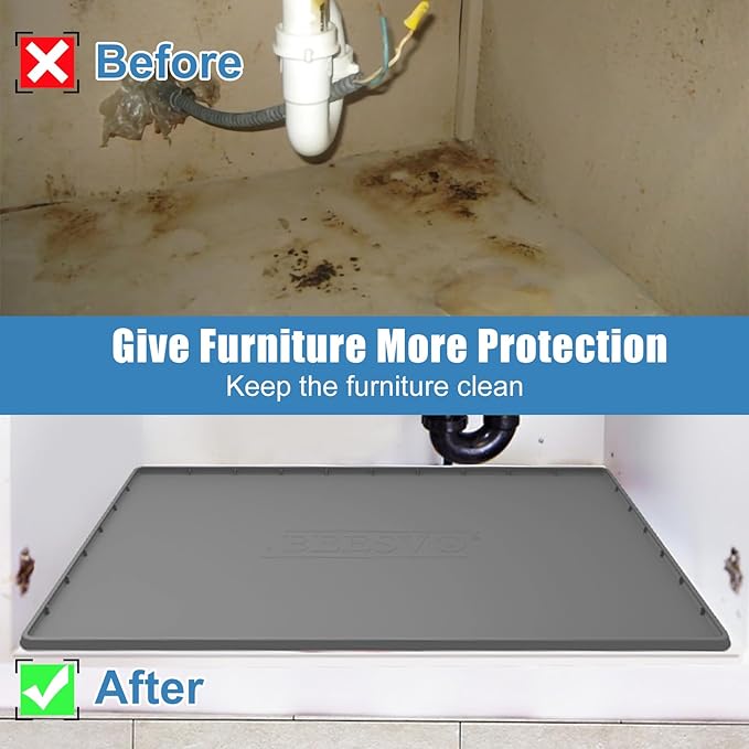 Under Sink Mat for Kitchen Waterproof, 34" x 22" Silicone Under Sink Liner Kitchen & Bathroom Cabinet Protector Mats, Heavy Duty Flexible Under Sink Drip Tray with Lip, Cool Grey