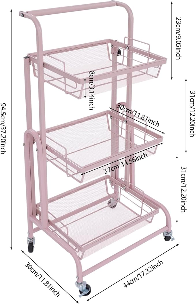 3 Tier Adjustable Storage Carts, Movable Utility Cart, Metal Rolling Cart, Multi-Functional Storage Trolley w/Wheels, Storage Shelves for Kitchen/Bathroom/Bedroom/Office (Pink)