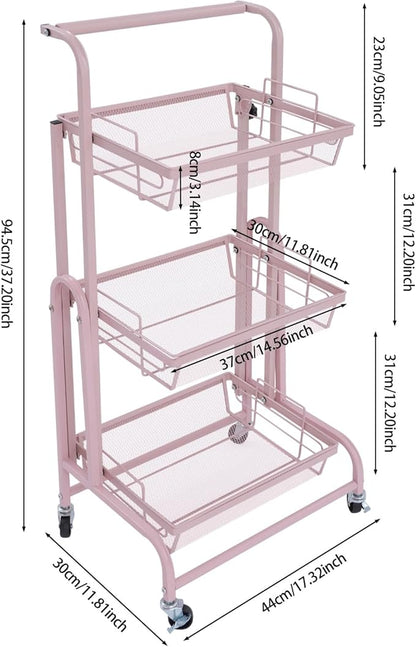 3 Tier Adjustable Storage Carts, Movable Utility Cart, Metal Rolling Cart, Multi-Functional Storage Trolley w/Wheels, Storage Shelves for Kitchen/Bathroom/Bedroom/Office (Pink)