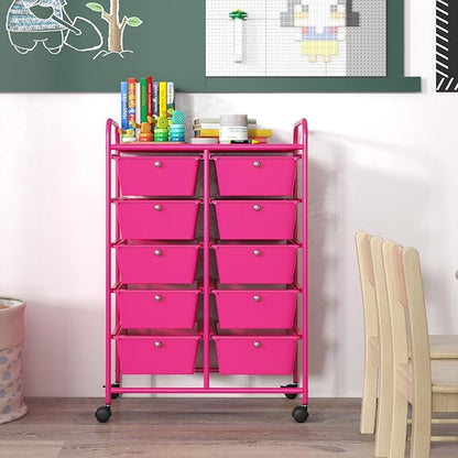 GOFLAME 10-Drawer Rolling Storage Cart, Art Craft Storage Organizer on Wheels, Multipurpose Movable Utility Cart for School, Office and Home, Hot Pink