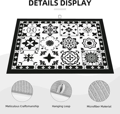 Retro Black Pattern Dish Drying Mat 18x24 For Kitchen Counter Absorbent Microfiber Dishes Pad Dish Drainer Rack Mats Fast Dry Kitchen Accessories
