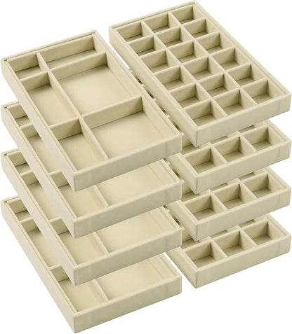 DIOMMELL Set of 8 Stackable Velvet Jewelry Trays Organizer, Jewelry Storage Box Display Trays Showcase Holder Closet Dresser Drawer Organizer for Earring Necklace Bracelet Ring Accessary, Beige