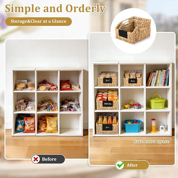 4 Pack Water Hyacinth Pantry Organizers, Wicker Storage Basket with Handles Chalkboard Labels Marker, Woven Storage Baskets for Shelves Kitchen Bedroom Bathroom