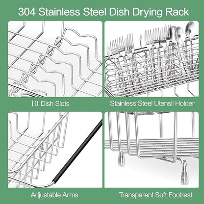 SwetLao Large Sink Dish Drying Rack, Expandable 304 Stainless Steel Metal Dish Drainer Rack Organizer Shelves with Stainless Steel Utensil Holder Over Inside Sink, Rustproof