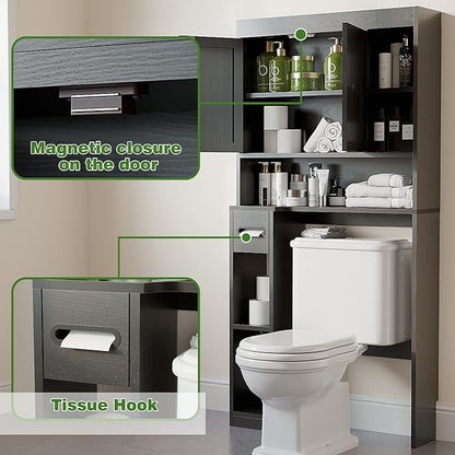 Nivisre Over The Toilet Storage Cabinet with 7 Shelves, Imitation Walnut Grain Above Toilet Bathroom Organizer with Toilet Paper Holder Stand, Space Saver for Restroom, Laundry, Bathroom (Black)