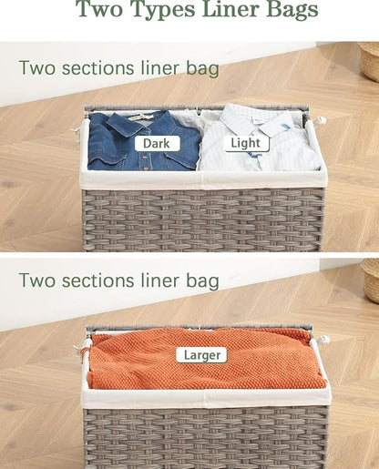 Storage Basket with Lid Rattan Storage Basket with 2 Separate Lid, 27.8 Gallon (105 L) 25.2 * 15.4 * 16.1 Inches Woven Wicker Baskets with 2 Liners and Handles for Bedroom Laundry-Gray