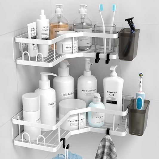 AKTECKE Shower Caddy Corner Organizer Shelf: 2Pack Adhesive Shower Essentials Accessories - No-Drilling Stainless Steel Bathroom Storage Rack with Hooks and Toothpaste Holder
